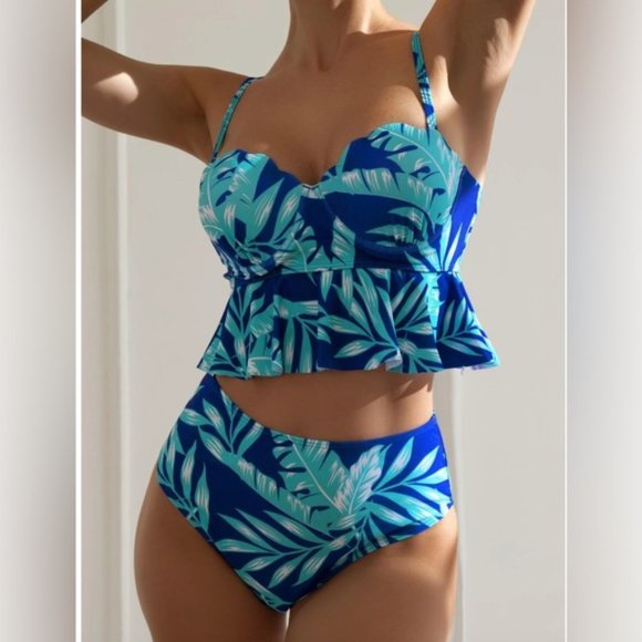 Other - Tropical Print Ruffle Hem Push Up Bikini Swimsuit